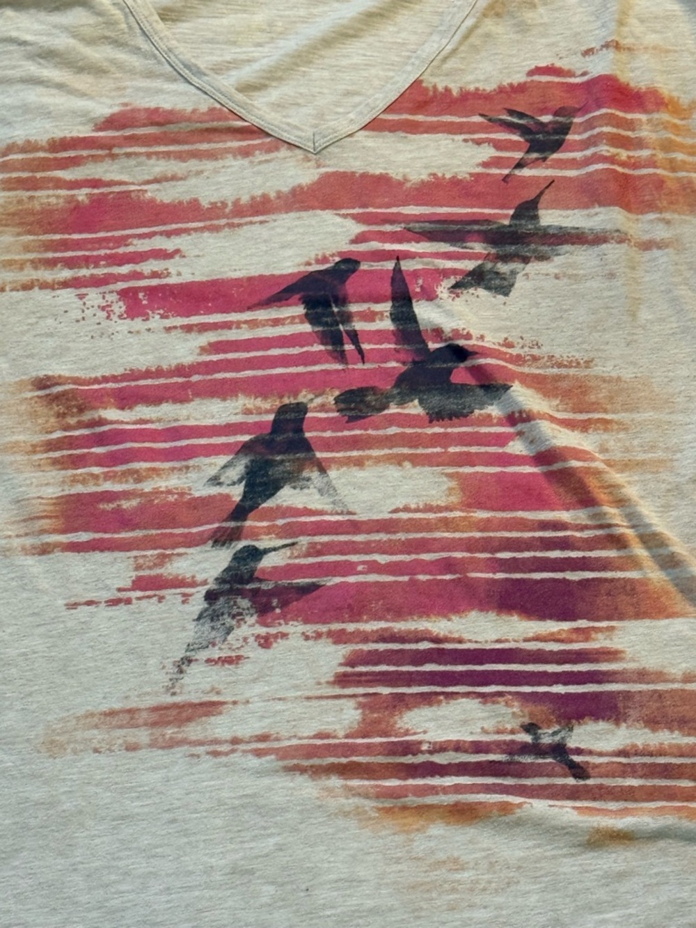 Womens V-Neck Graphic Tee with Bird Print - Gray and Pink - Picture 2 of 6